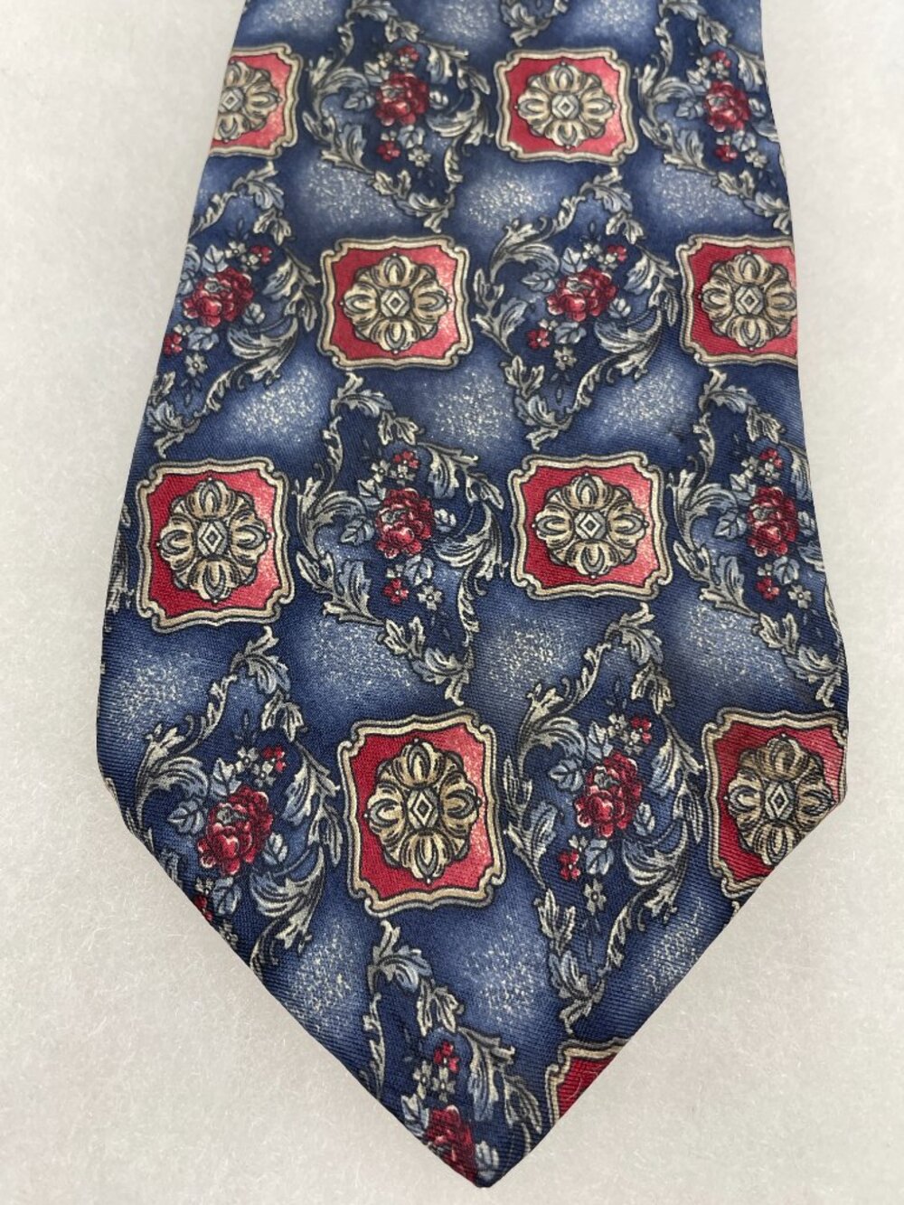 Requirements Made in USA Silk Tie Blue Red Gold Floral Rose Medallion Baroque